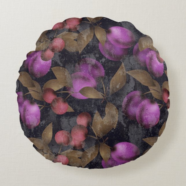 Seamless dark plum fruits purple berries cherry pa round cushion (Front)