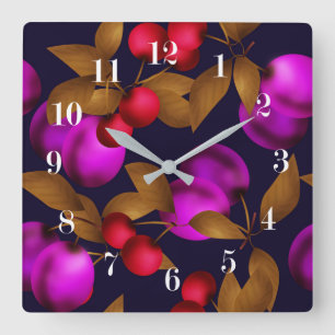 Seamless dark plum fruits purple berries cherry pa square wall clock