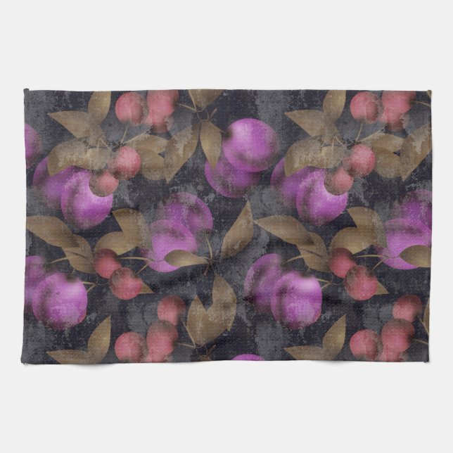 Seamless dark plum fruits purple berries cherry pa tea towel (Horizontal)