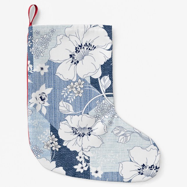 seamless denim patchwork on flower small christmas stocking (Front)
