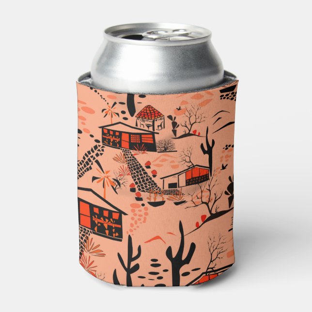 Seamless desert sand landscape houses black orange can cooler (Can Front)