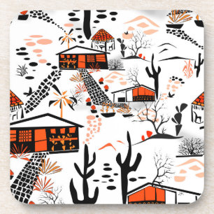 Seamless desert sand landscape houses black orange coaster