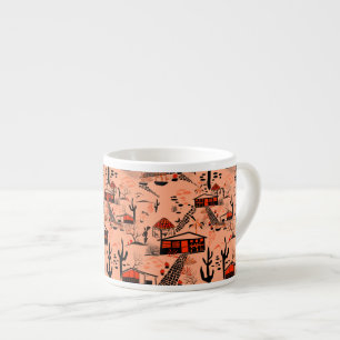 Seamless desert sand landscape houses black orange espresso cup