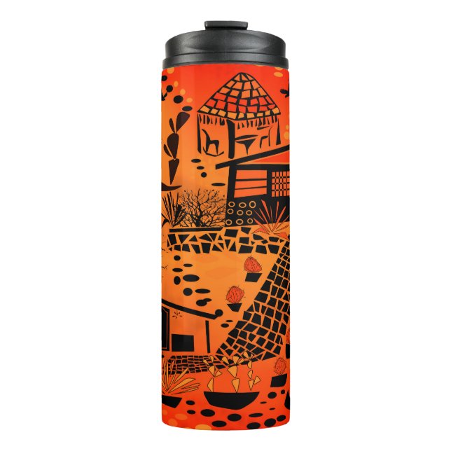 Seamless desert sand landscape houses black orange thermal tumbler (Front)