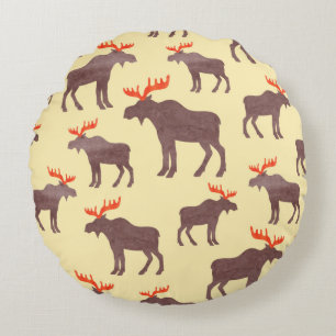 Seamless elk pattern. Vintage watercolor moose sil Round Cushion