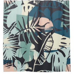 Seamless exotic pattern with tropical plants and a shower curtain