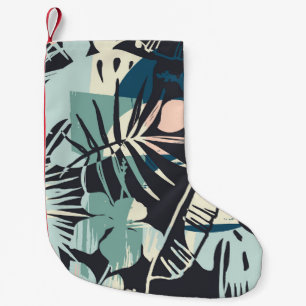 Seamless exotic pattern with tropical plants and a small christmas stocking