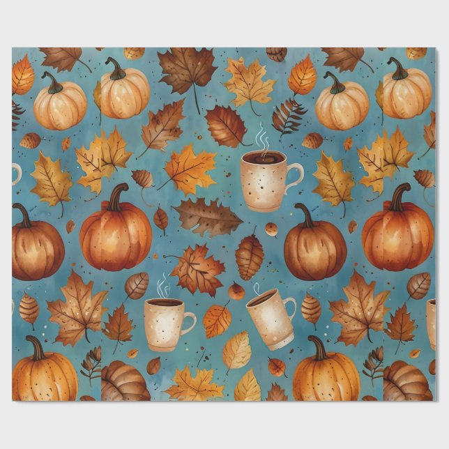 Seamless Fall Pattern with Pumpkins, Autumn Leaves Wrapping Paper (Flat)