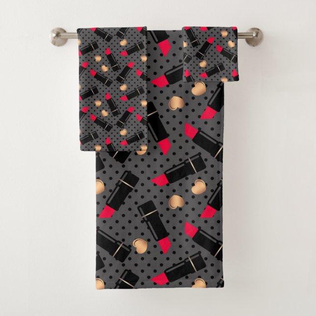 Seamless fashion cosmetic red lipstick polka dots bath towel set (Insitu)