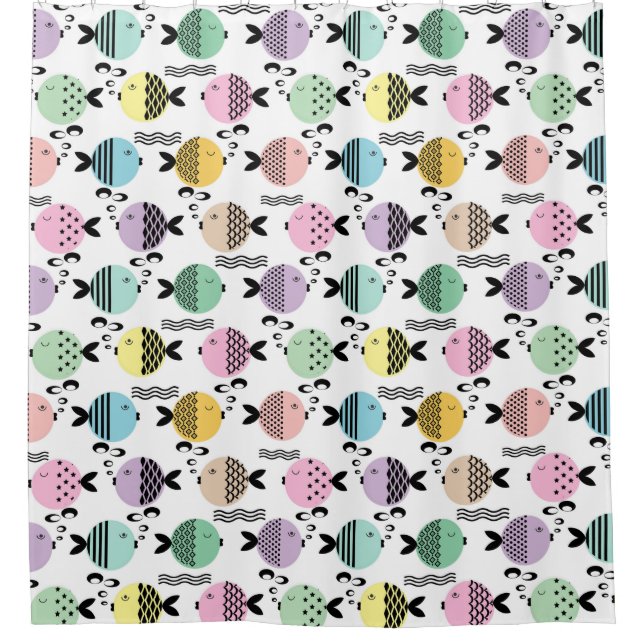 Seamless fish abstract scandinavian modern marine shower curtain (Front)