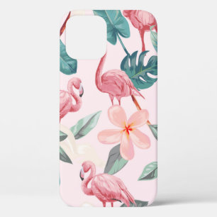 seamless flamingos and tropical flowers illustrati iPhone 12 case