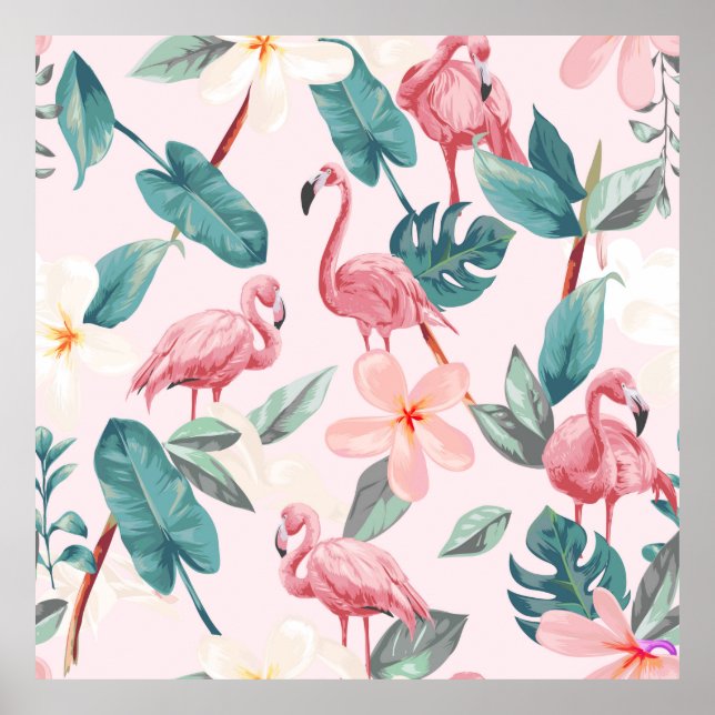 seamless flamingos and tropical flowers illustrati poster (Front)