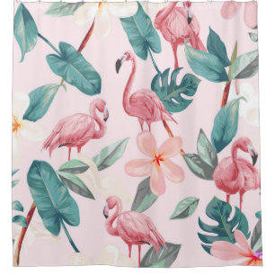 seamless flamingos and tropical flowers illustrati shower curtain