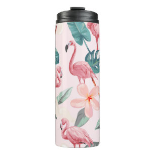 seamless flamingos and tropical flowers illustrati thermal tumbler