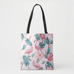seamless flamingos and tropical flowers illustrati tote bag