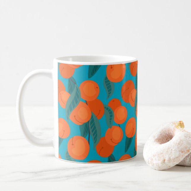 Seamless flat pattern with peaches on branches   coffee mug (With Donut)