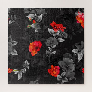 Seamless Floral Amaryllis Black Background Jigsaw Puzzle