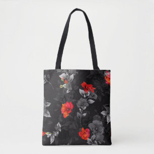 Seamless Floral Amaryllis Black Background Tote Bag