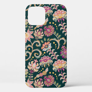 Seamless floral background. Pink flowers and leafs iPhone 12 Case