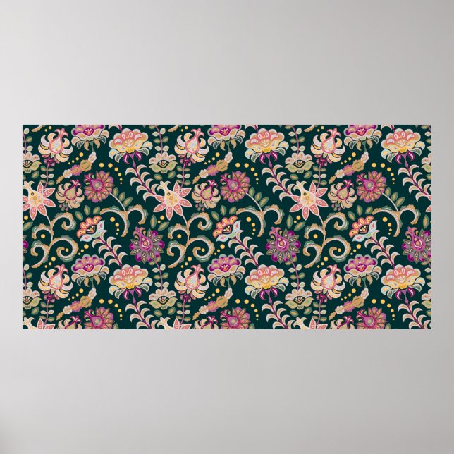 Seamless floral background. Pink flowers and leafs Poster (Front)