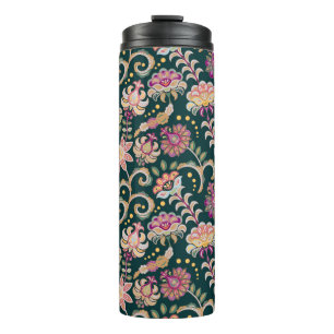 Seamless floral background. Pink flowers and leafs Thermal Tumbler