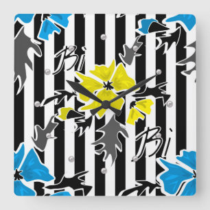 Seamless floral blue yellow flowers grey leaves st square wall clock
