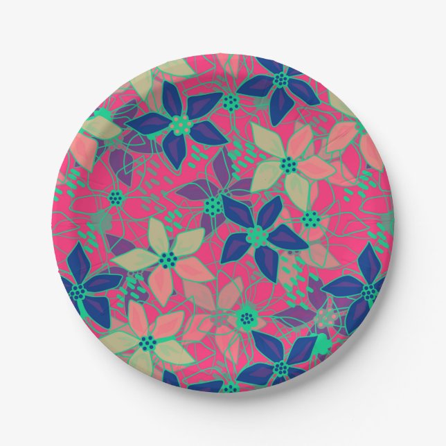 Seamless floral flowers pattern bright summer red paper plate (Front)