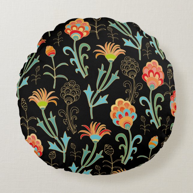 Seamless floral orient print round cushion (Front)