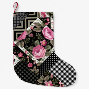 seamless floral patchwork pattern with geometrical small christmas stocking