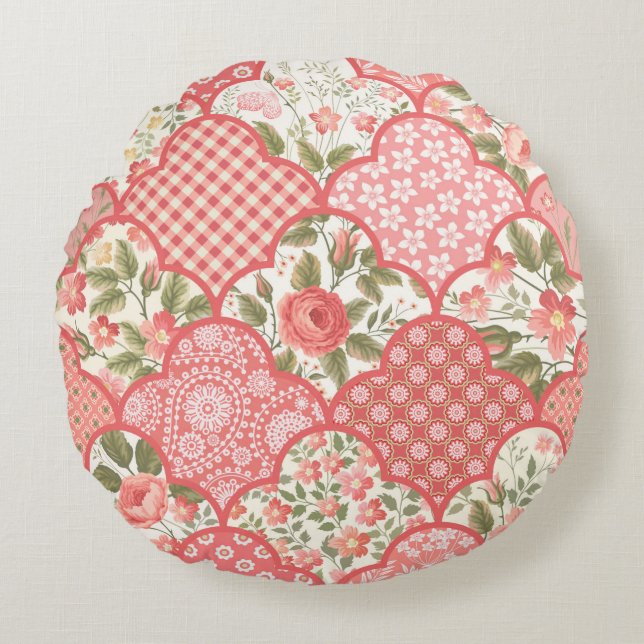 seamless floral patchwork pattern with roses in pa round cushion (Front)
