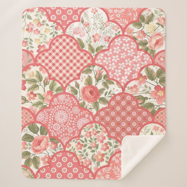 seamless floral patchwork pattern with roses in pa sherpa blanket (Front)