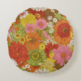 Seamless floral pattern 70s. Autumn flowers and bu Round Cushion