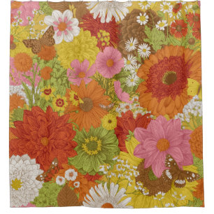 Seamless floral pattern 70s. Autumn flowers and bu Shower Curtain