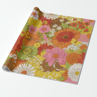 Seamless floral pattern 70s. Autumn flowers and bu Wrapping Paper