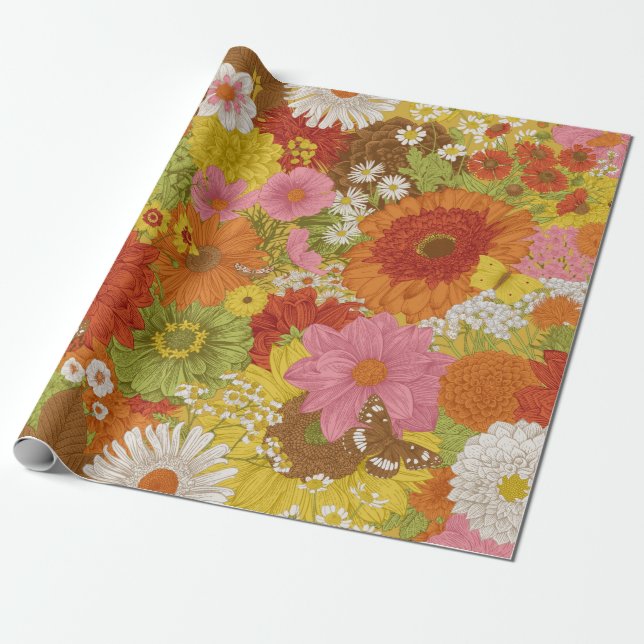 Seamless floral pattern 70s. Autumn flowers and bu Wrapping Paper (Unrolled)