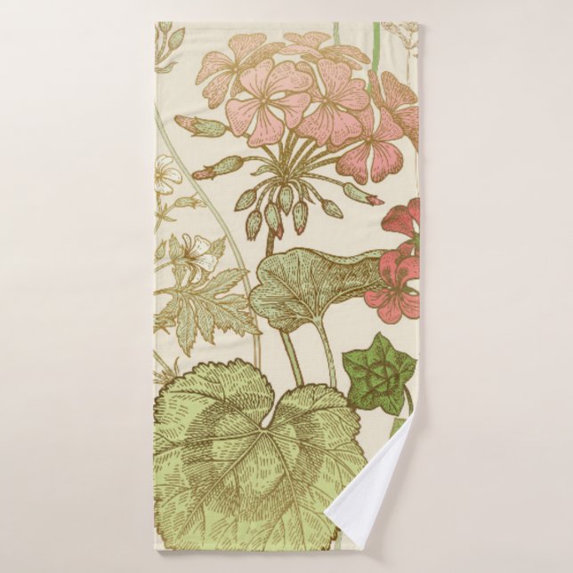 Seamless floral pattern. Green foliage,  pink gera Bath Towel (Bath Towel)