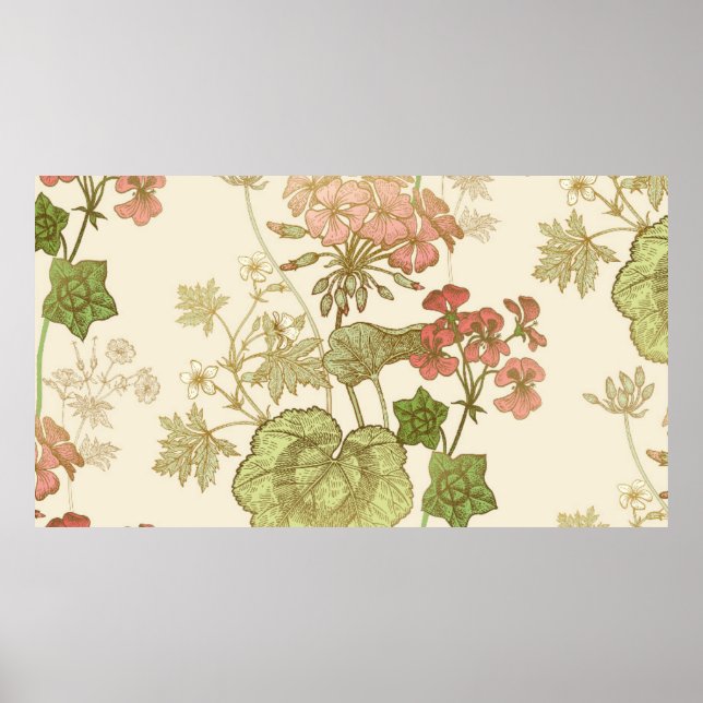 Seamless floral pattern. Green foliage,  pink gera Poster (Front)