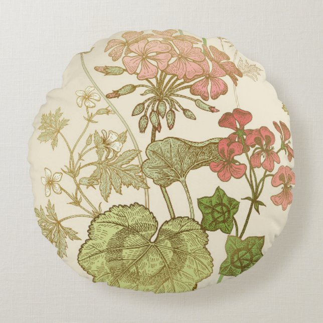 Seamless floral pattern. Green foliage,  pink gera Round Cushion (Front)