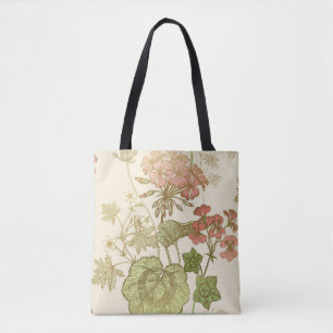 Seamless floral pattern. Green foliage,  pink gera Tote Bag