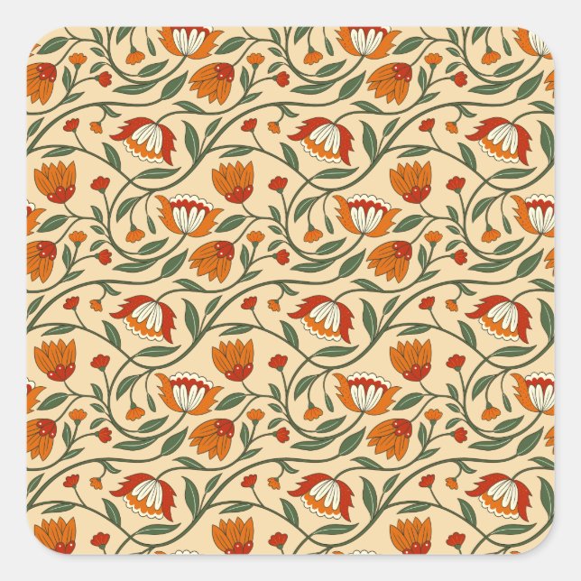 Seamless floral pattern in beige background square sticker (Front)