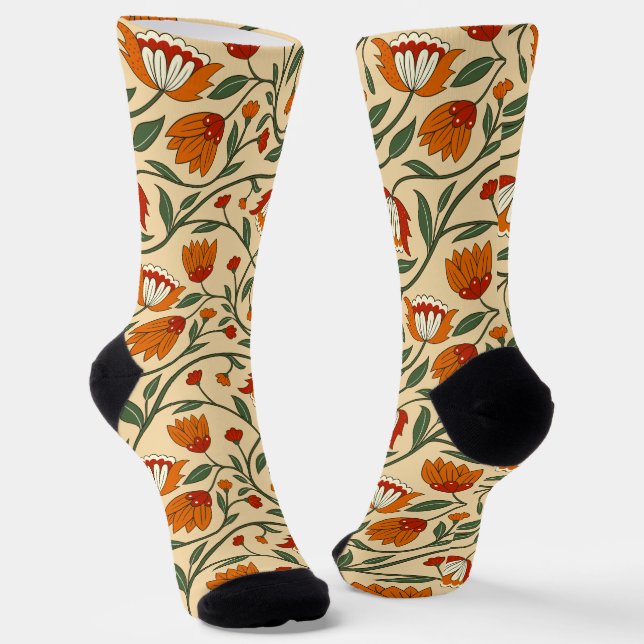 Seamless floral pattern on beige background socks (Angled)