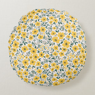 Seamless floral pattern, Small yellow flowers. Wh Round Cushion