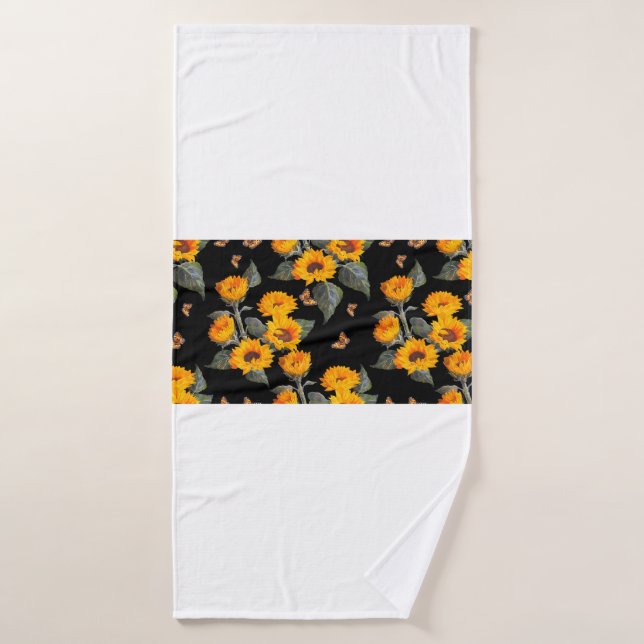 Seamless floral pattern sunflowers on black backgr bath towel (Bath Towel)