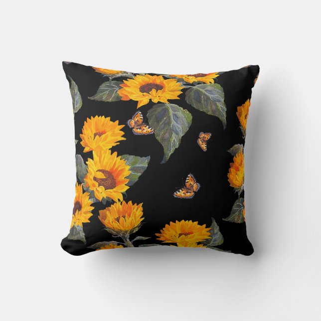 Seamless floral pattern sunflowers on black backgr cushion (Front)