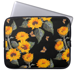 Seamless floral pattern sunflowers on black backgr laptop sleeve