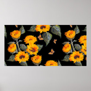Seamless floral pattern sunflowers on black backgr poster