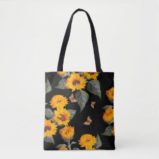 Seamless floral pattern sunflowers on black backgr tote bag