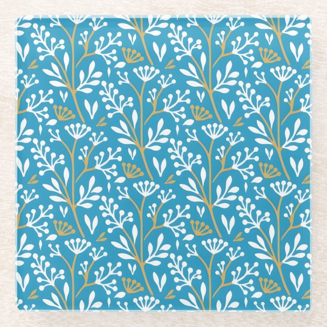 Seamless Floral Pattern: White and Gold on Blue Glass Coaster (Front)
