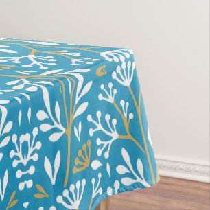 Seamless Floral Pattern: White and Gold on Blue Tablecloth