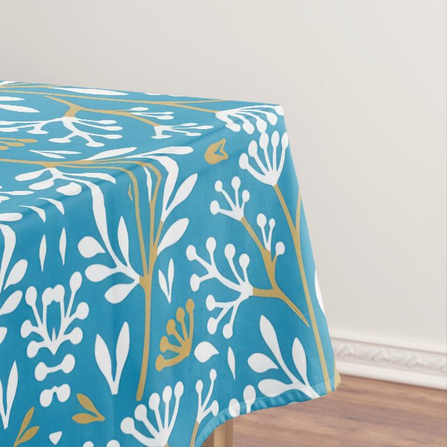 Seamless Floral Pattern: White and Gold on Blue Tablecloth (In Situ)